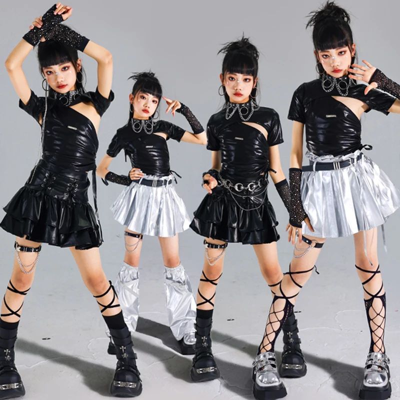 ブラックジャズダンススーツ子供服 Kpop ステージ衣装ファッションショーダンス衣装明るいシルバーケーキスカートストリート AMY2055