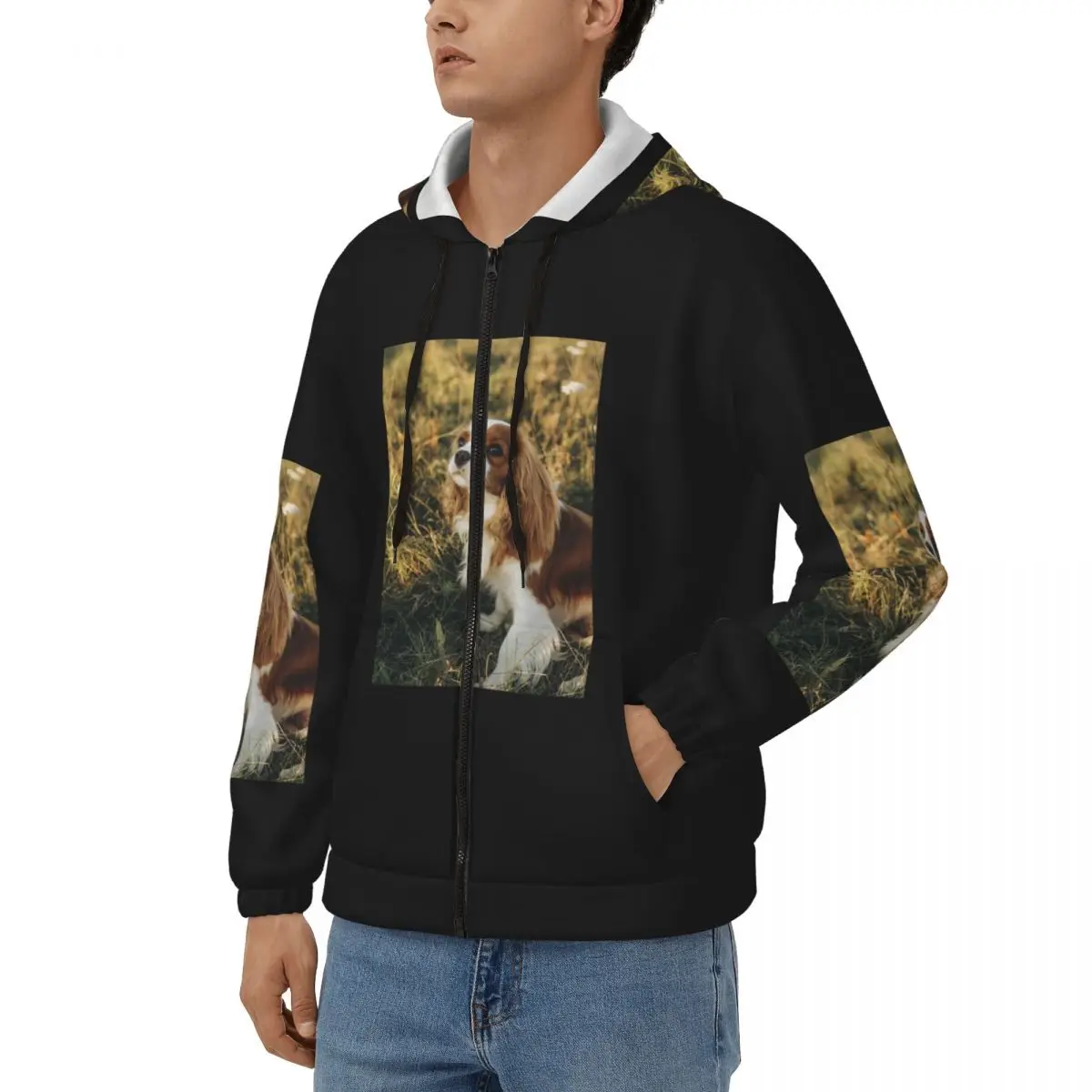 Custom Cavalier King Charles Spaniel Square Zipper Hoodies Pullover Autumn Winter Men's Women's Sweatshirt Long Sleeve Tops