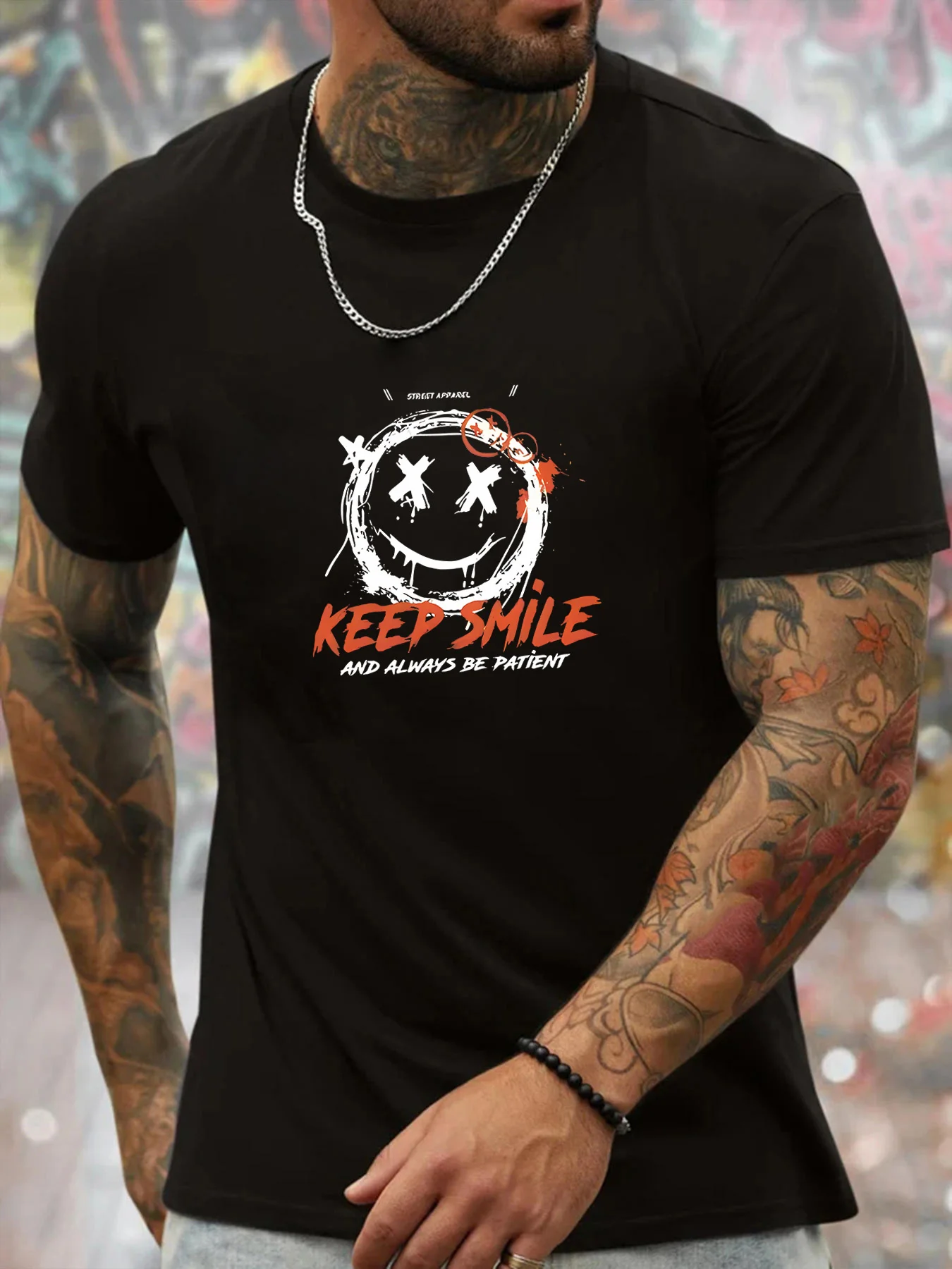 

Men's summer 100% pure cotton fashionable casual sports loose KEEP SMiLE pattern printed round neck short sleeved T-shirt top