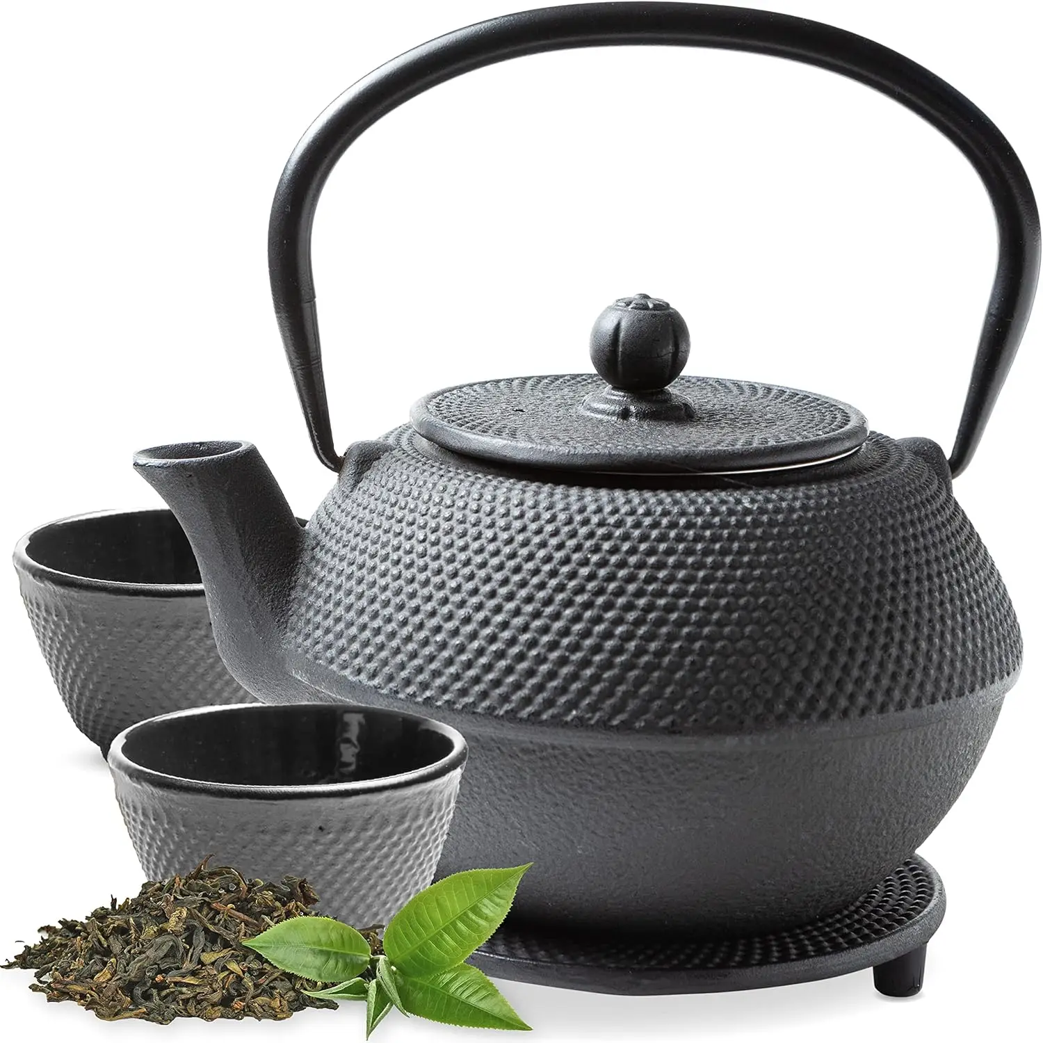 5-teiliges orientalisches Teeservice aus Gusseisen mit 850ml Teekanne, 2 Tassen, Edelstahlfilter, Deckel, Gabel und Untersetzer für Küche, Esszimmer und Bar