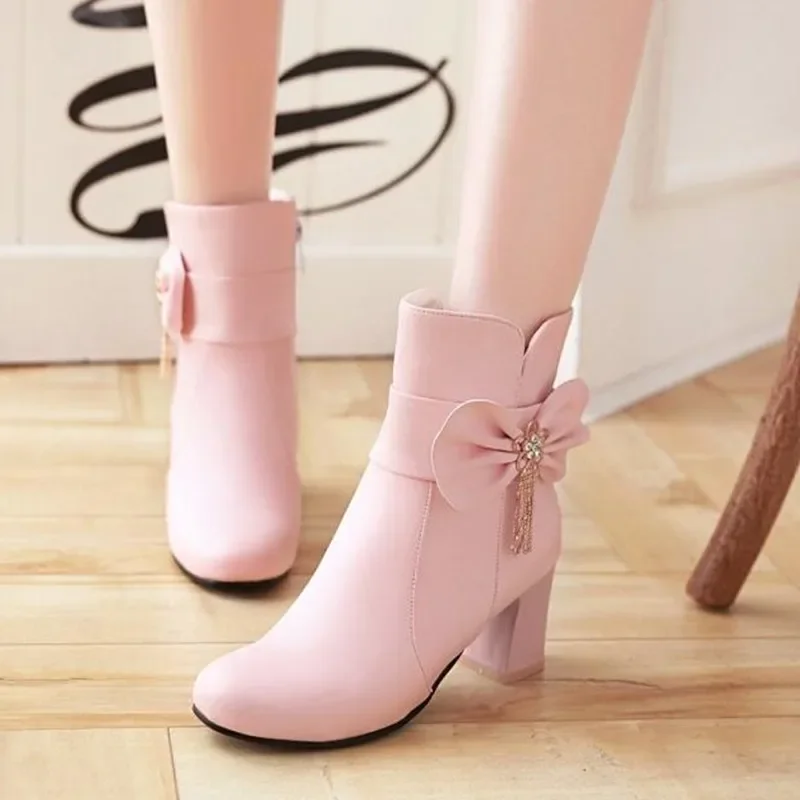 New fashion in autumn and winter super high and sweet bow boots pink round head high heel women boots