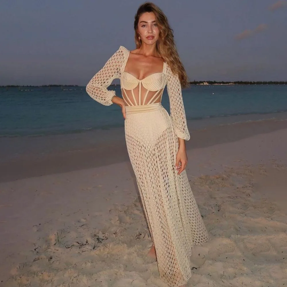 Mesh Paneled Swimwear Natural Cutout Stretch-jersey and Crochet-knit Maxi Dress Women One-piece Swimsuit 2024 Summer Beach Dress