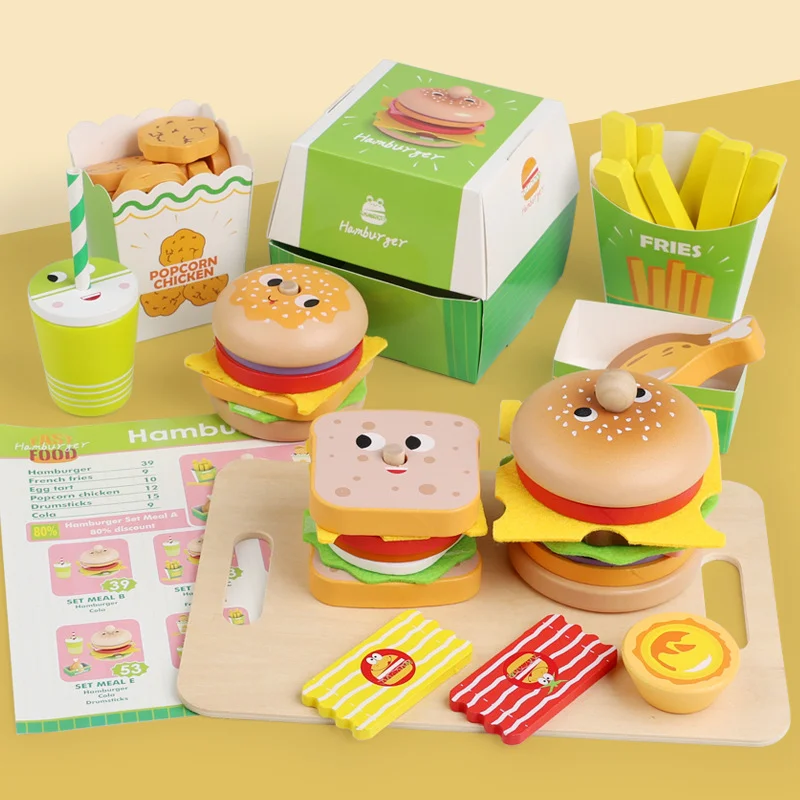 子供ごっこ遊び木製ハンバーガーチップセットシミュレーションキッチン食品ゲーム学習教育モンテッソーリおもちゃ子供のためのギフト