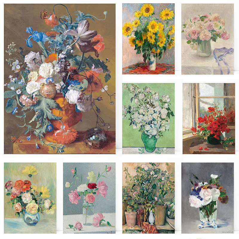 Floral Blush Pink Roses Crystal Vase Manet Van Gogh Flowers Poster Print Wall Art Pictures Canvas Painting Room Home Decor Gi