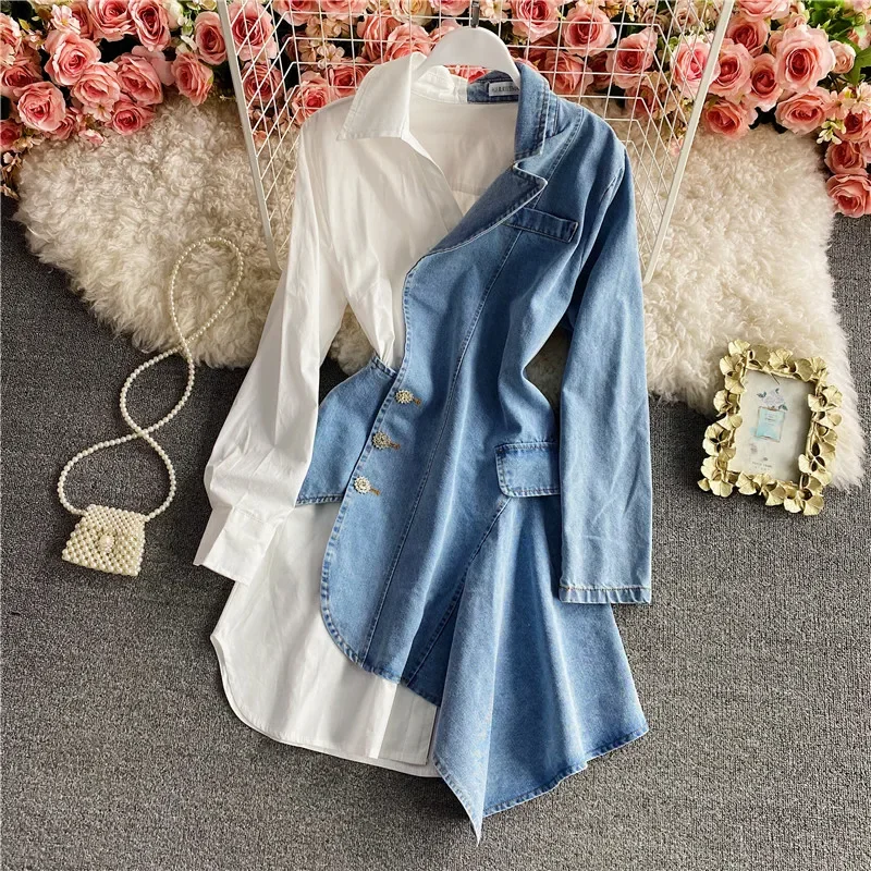 Spring  fashion irregular denim stitching long-sleeved shirt Dress Female suit Dress personality stitching dress fashion Women