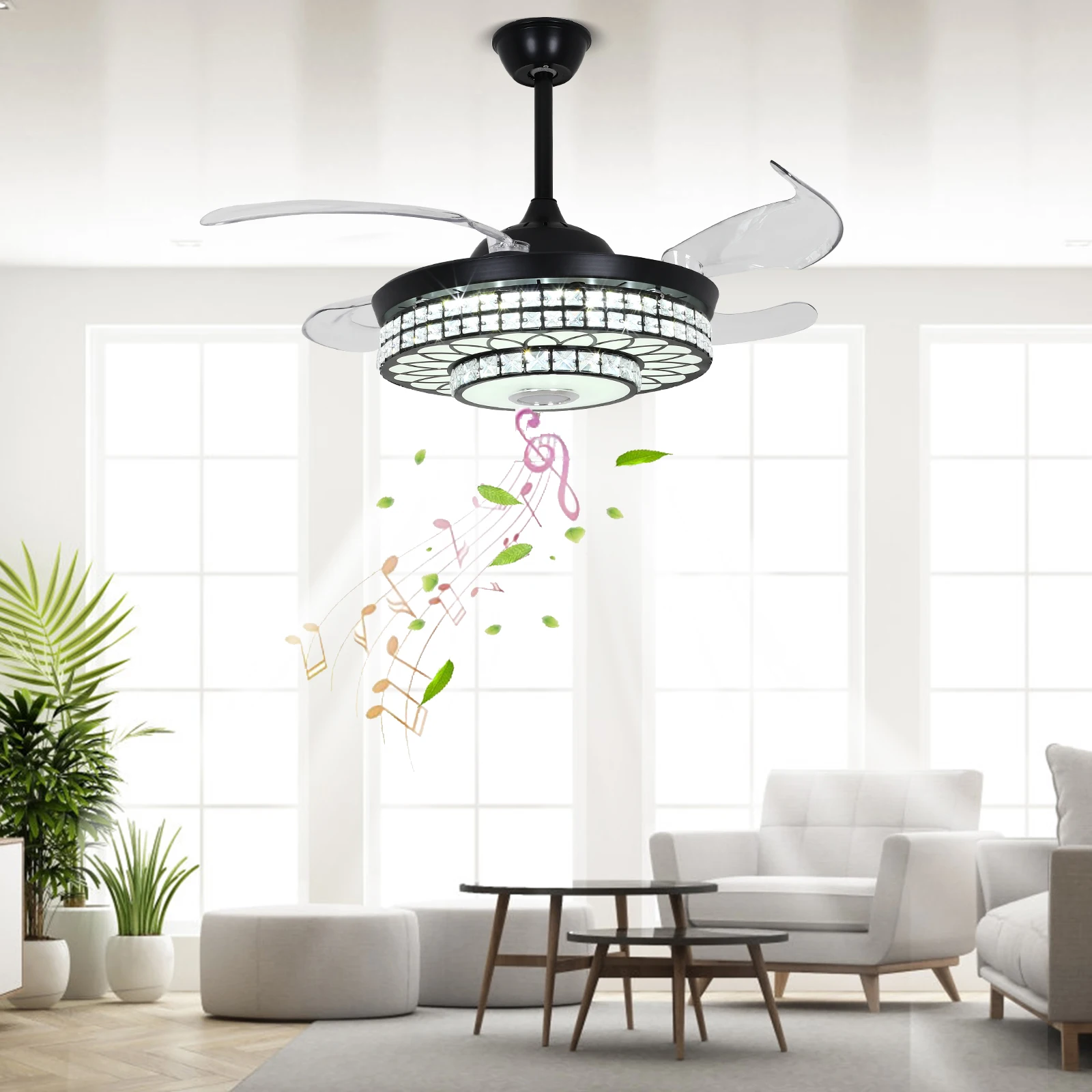 42 Inch Fan Pendant Light Black Three Color Variable Frequency Band Bluetooth With Remote Control - Us Standard