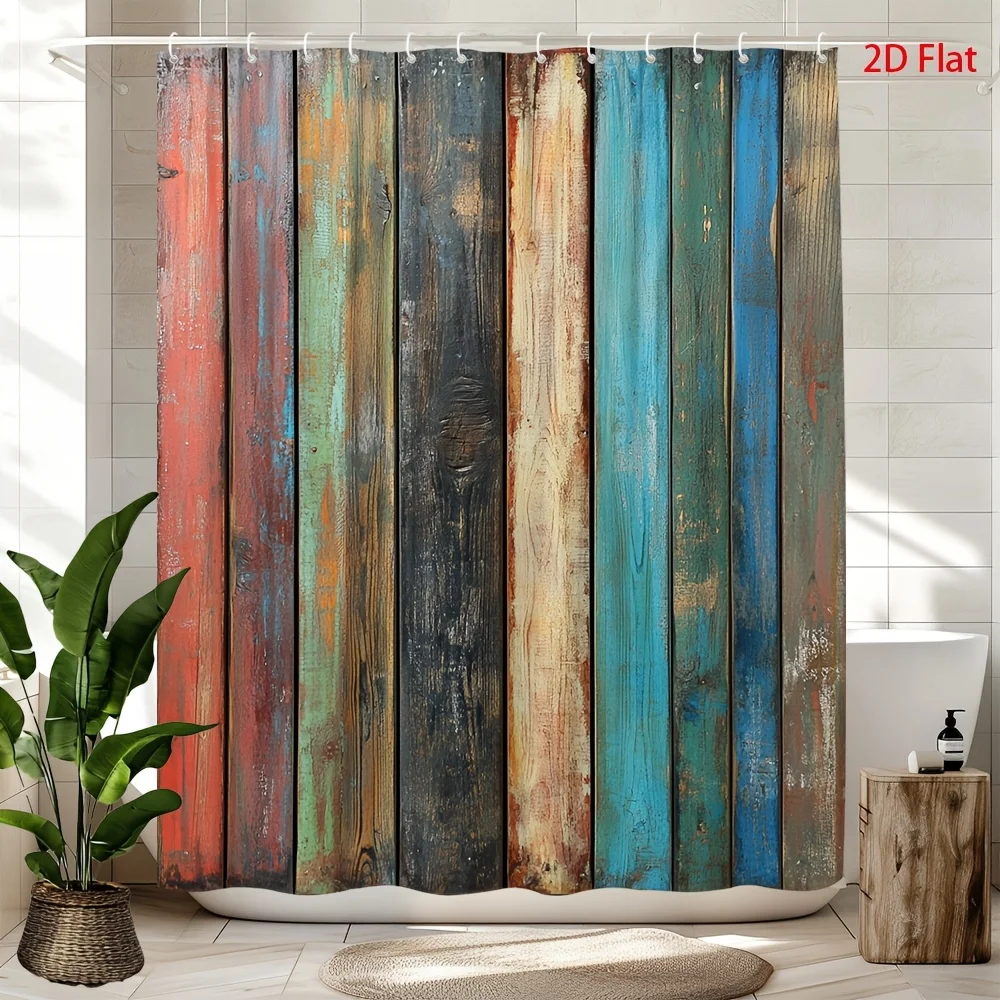 2D Flat, 2D Flat 1pc Colorful Wooden Fence Shower Curtain Eight Vertical Planks in Red, Orange, Green, Teal, Blue, Yellow, Beige