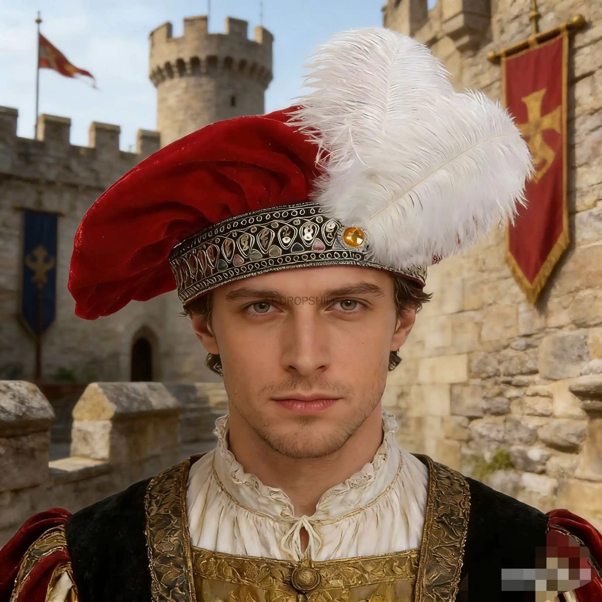 Sombrero Tudor de la Edad Media con Pluma, Sombrero de Terciopelo Renacentista, Sombrero Plano Estilo Isabelino para Hombres y Mujeres, Disfraz de Halloween