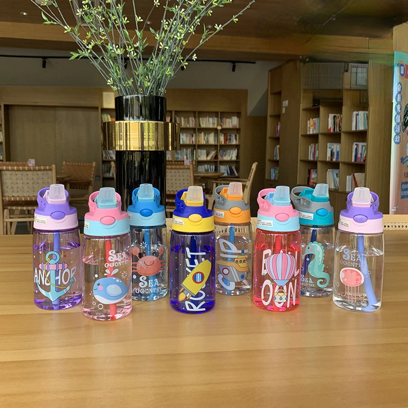 480ML Kids Water Bottle With Straw Drinking Kettle Leak-Proof Bounce Lid Drinking Bottle Straw Water Cup Student Travel Bottle