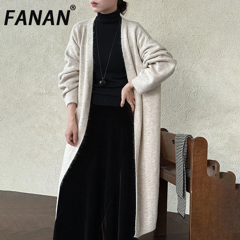 

FANAN Fashion Cardigan Long Sweater For Women Solid Long Sleeve Thick Warm Knitting Loose Outwear Female 2025 Winter New