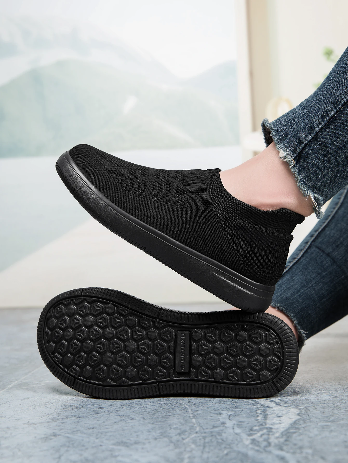Damen-Socken-Sneaker, Slip-On, atmungsaktive Flying-Knit-Schuhe, weich, rutschfest, leicht, flache Walking-Loafer, Damen-Büro- und Alltagsschuhe – Detail 8