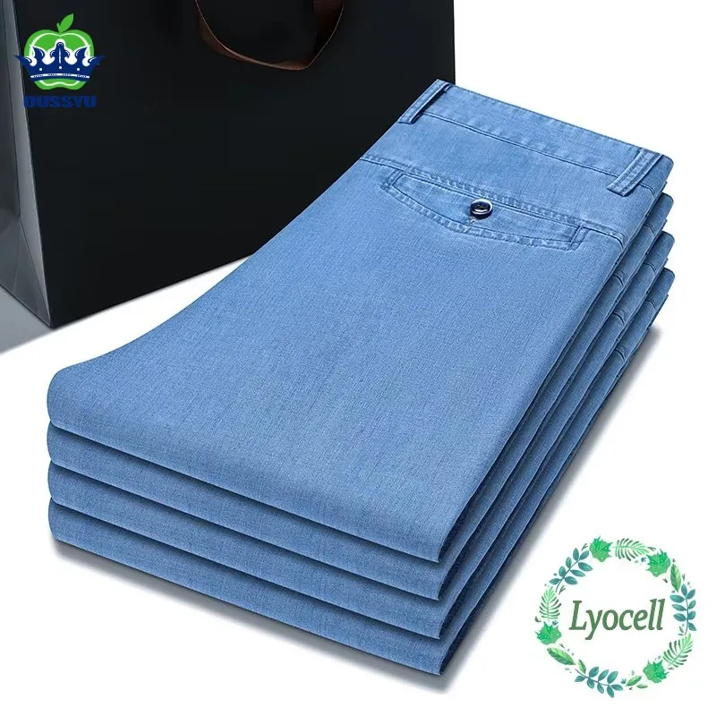 

Luxury Summer Natural Lyocell Fabric Jeans Men Classic Business Stretch Straight Office Work Trousers Father's Day Plus Size 40