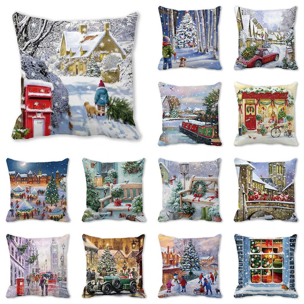 Merry Christmas Snow Scenes Elderly Man Elk Print Cushion Cover Home Living Room Sofa Decoration Pillow 