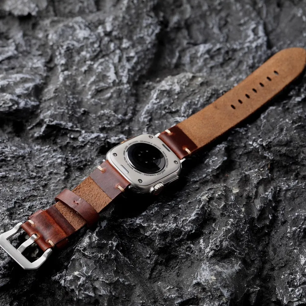 Handmade Top Layer Cowhide Strap 44MM 45MM 49MM Suitability For Apple Watch S9 Ultra2 Brown Thick and Durable Leather Bracelet