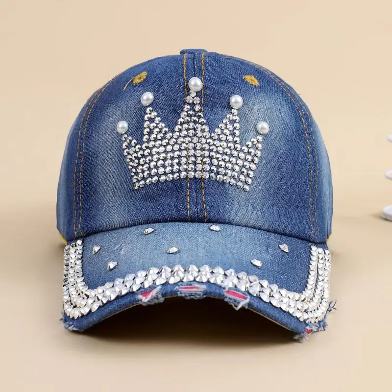 Baseball Cap Women Retro Street Crown Beads Denim Sunshade Baseball Hat Female Outdoor Casual Summer Hats For Women Sun Visor