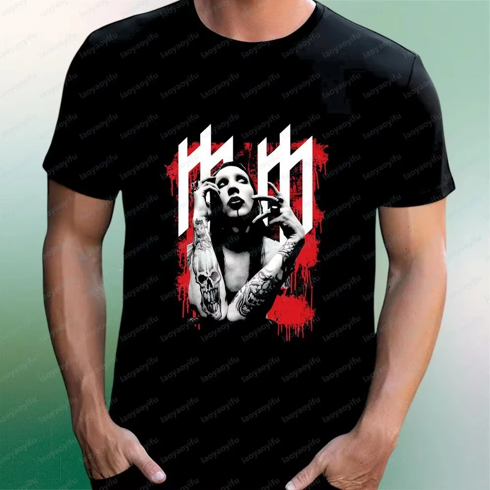 Marilyn Manson Printed T-Shirt, Gender Neutral Harajuku Style Unisex Round Short Sleeve Shock Rock Pattern Casual Streetwear Tee