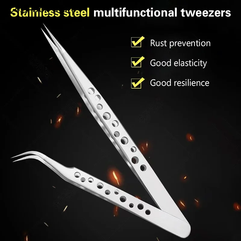 [ZY]2Pc Industrial Tweezers Electronics Anti-static Curved Straight Tip Precision Stainless DIY Hand Tools Sets Forceps Phone