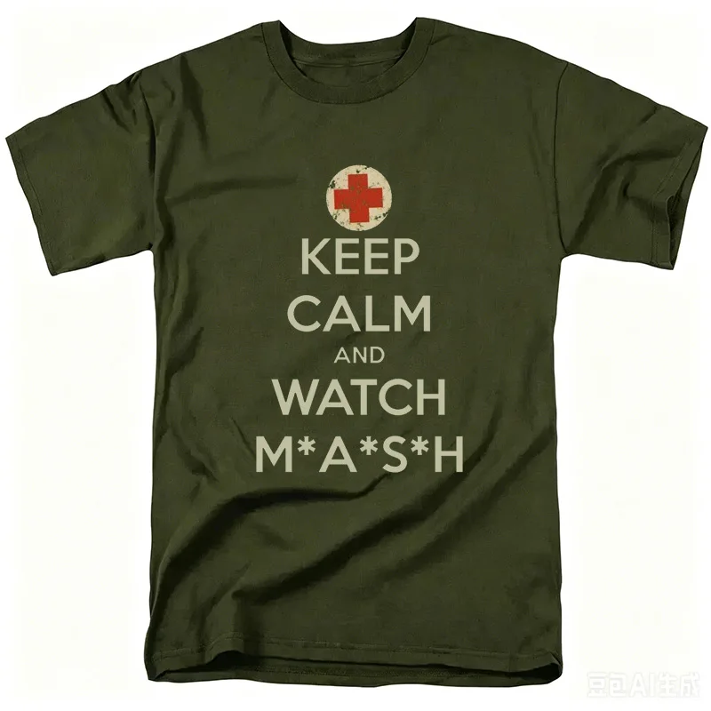 Mash Distressed Logo T Shirt Mens 4077 Licensed Classic TV Show Military Green 2026 High Quality Brand Casual