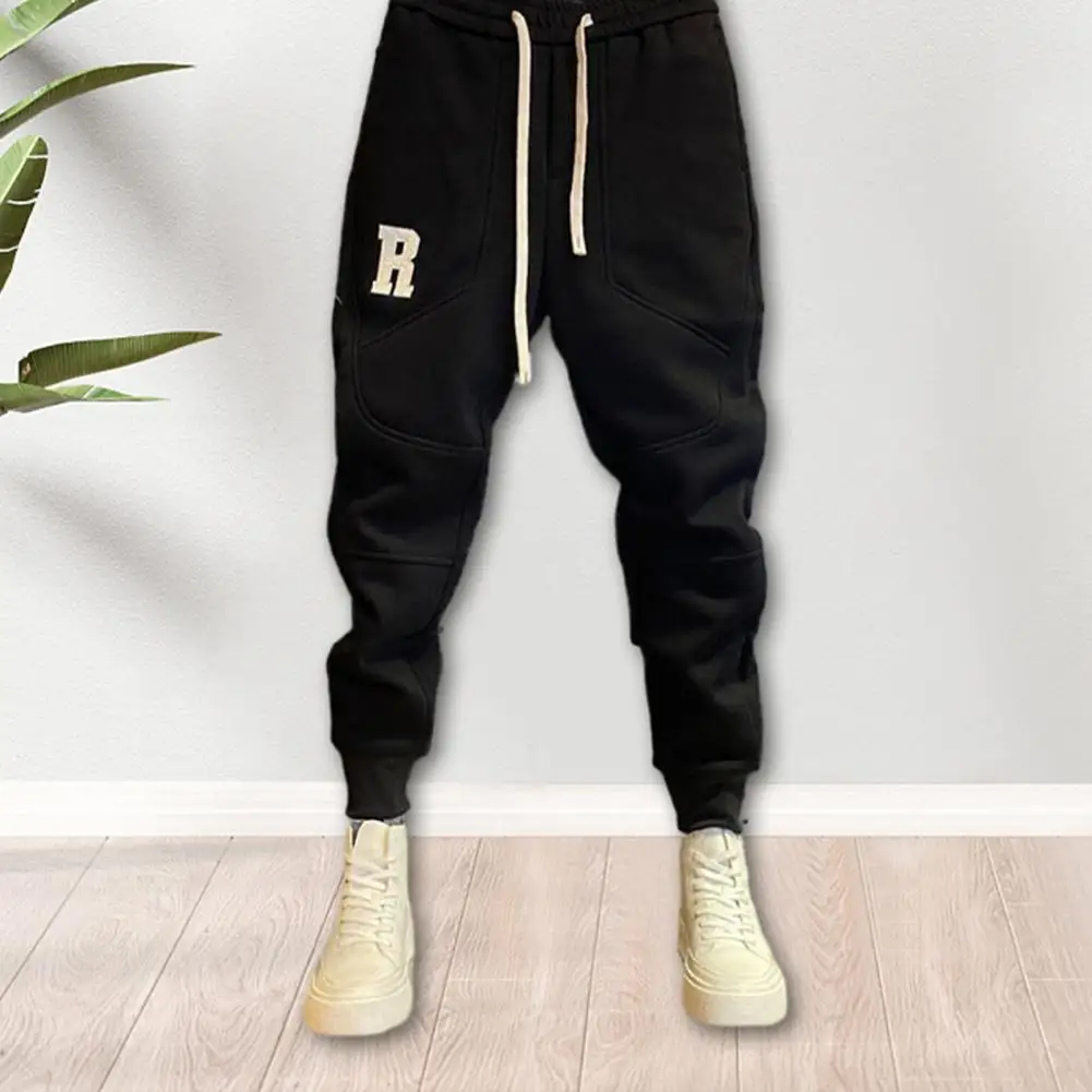 

Men Trousers Thick Warm Men's Sports Trousers Elastic Waist Drawstring Loose Fit Pockets Ankle-banded Letter Embroidery Casual