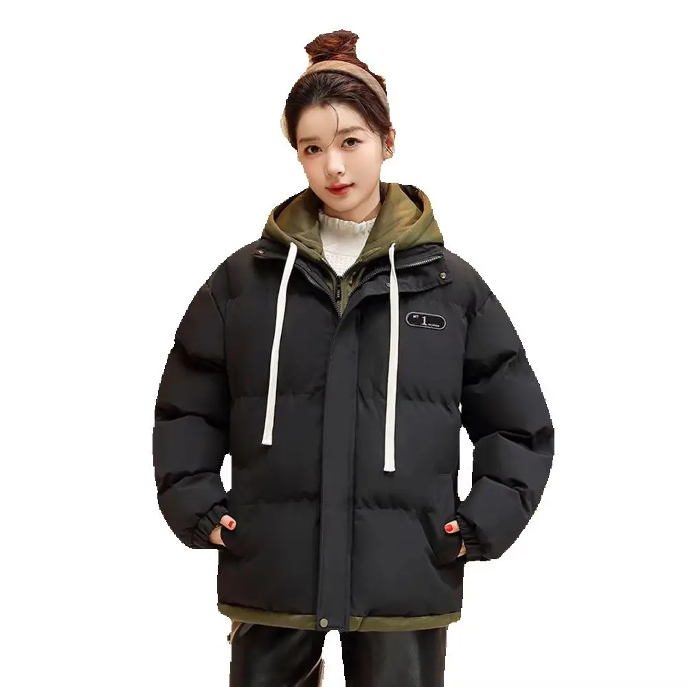 

Cotton-padded Jacket Female Student Coat Winter Clothes 2024 New Fashion Hooded Fake Two-piece Slim Warm Casual Loose Coat Tide.