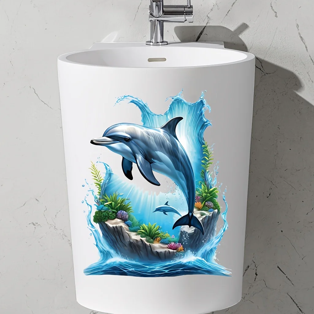 Dolphin Wall Decal Self-Adhesive Detachable Vinyl Sticker with Coral Reef Marine Life Contemporary Marine Art Decor