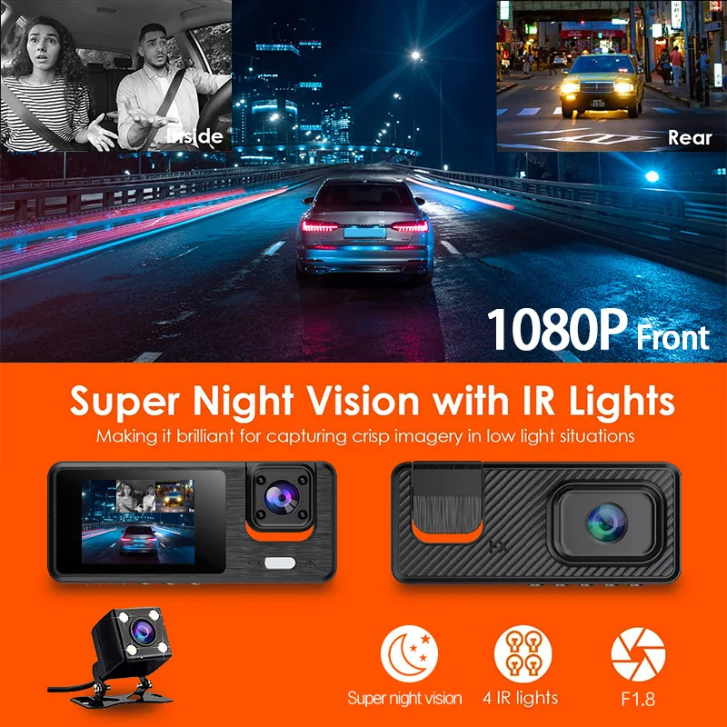 E Recorder HD 1080P 2 Inches Screen 3 Way With Wifi 3 Lens Parking Monitoring With Night Vision Car DVR