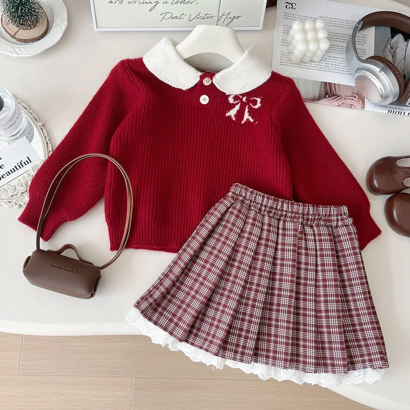 

Girls' Autumn and Winter Pullover Suit2024New Lace Plaid Skirt Two-Piece Suit Fashion