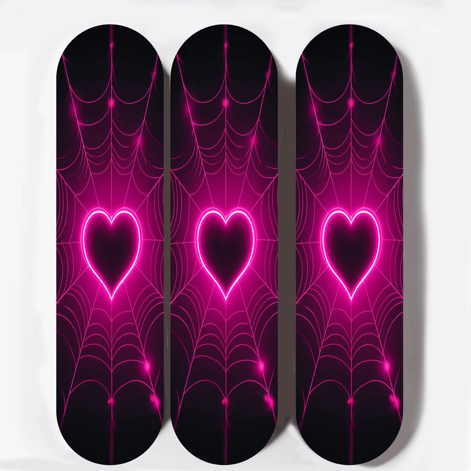 

A 2D flat 9×33-inch skateboard sticker with a cool design that includes pink spider webs and hearts. It is a self-adhesive,