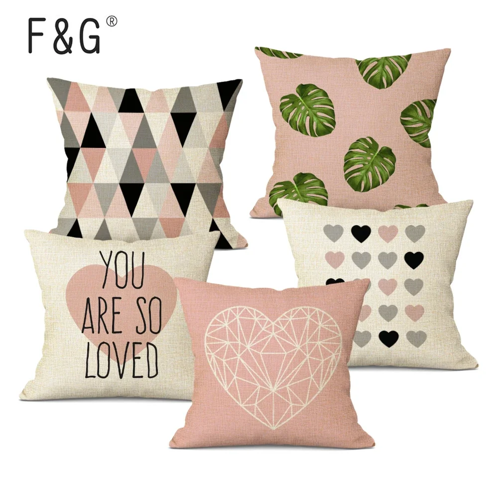 Pink Geometric Nordic Decorative Cushions Cover Palm Leaf Throw Pillows Cover for Sofa Decor Heart Pillowcase