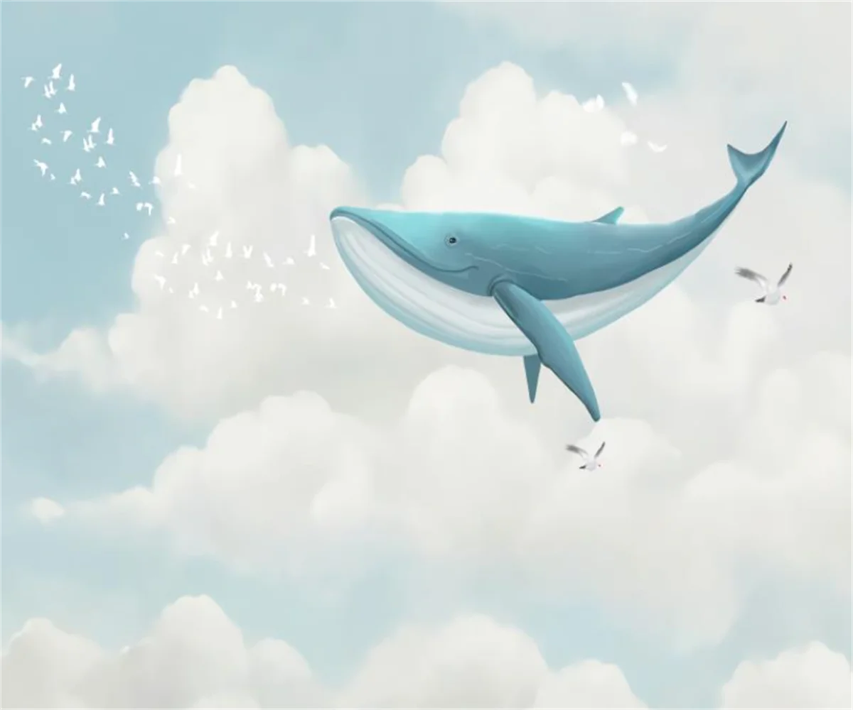 

Обои с героями мультфильмов на заказ, нарисованные вручную небо, белые облака, киты, рыба, узор для детской комнаты, креативный фон, декор стен