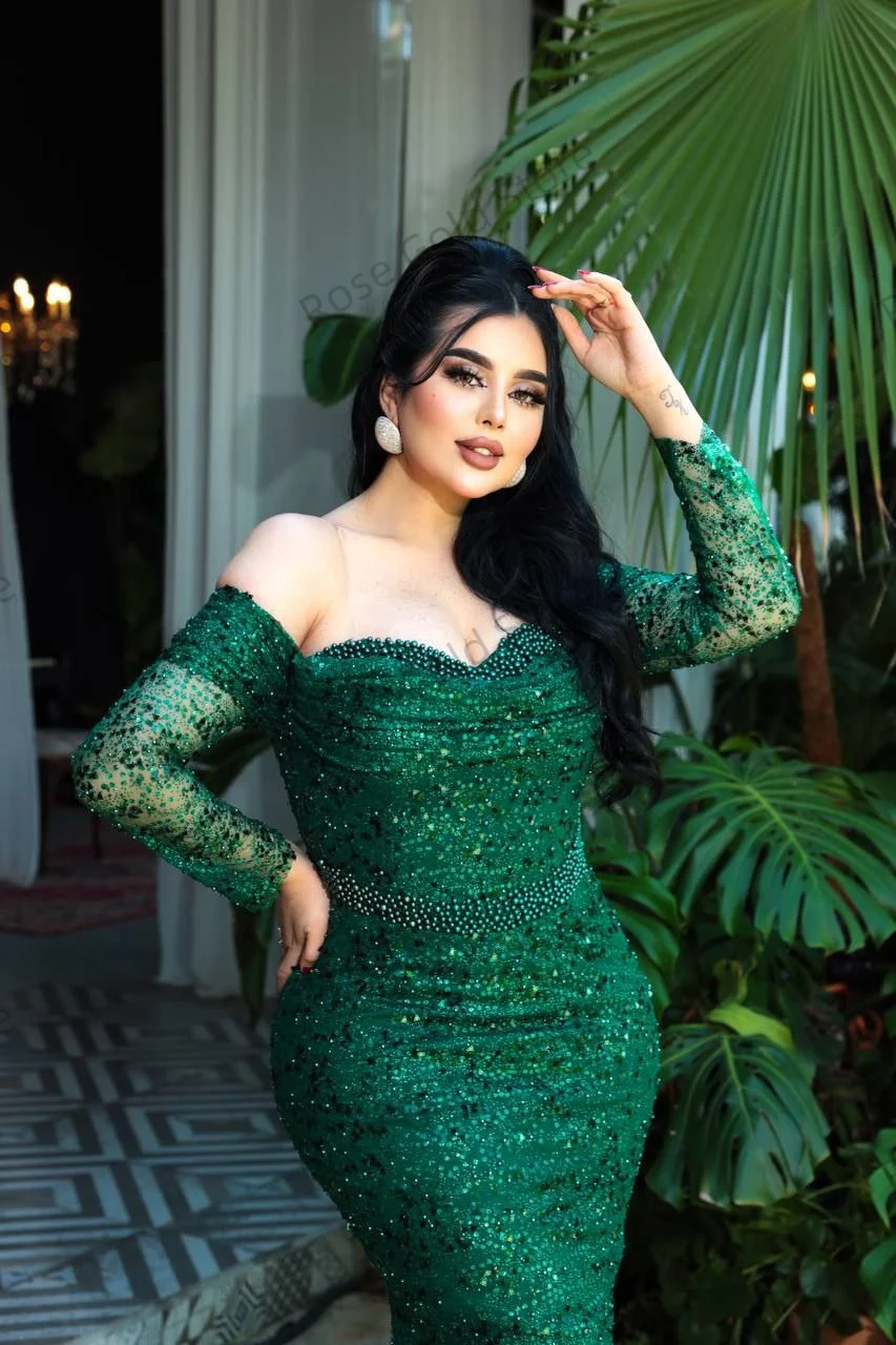Abito da sera a sirena verde con scollo a cuore e spalle scoperte Abiti da sera Abito da ballo formale con paillettes con perline personalizzate