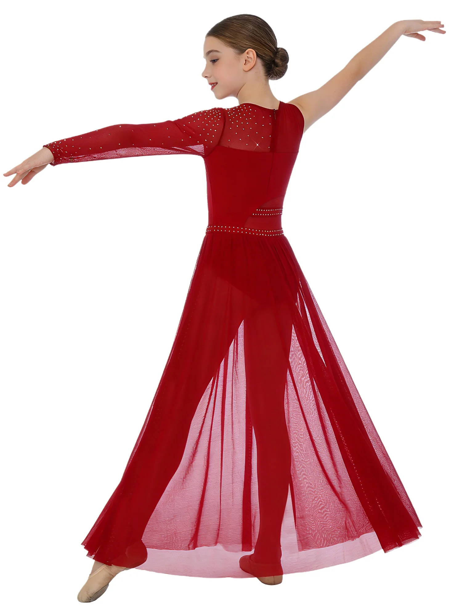 Lyrisches Tanzkleid für Mädchen mit Glitzersteinchen, Netzstoff, Patchwork, Seitenschlitz, Ärmellos, Unsichtbarer Reißverschluss am Rücken