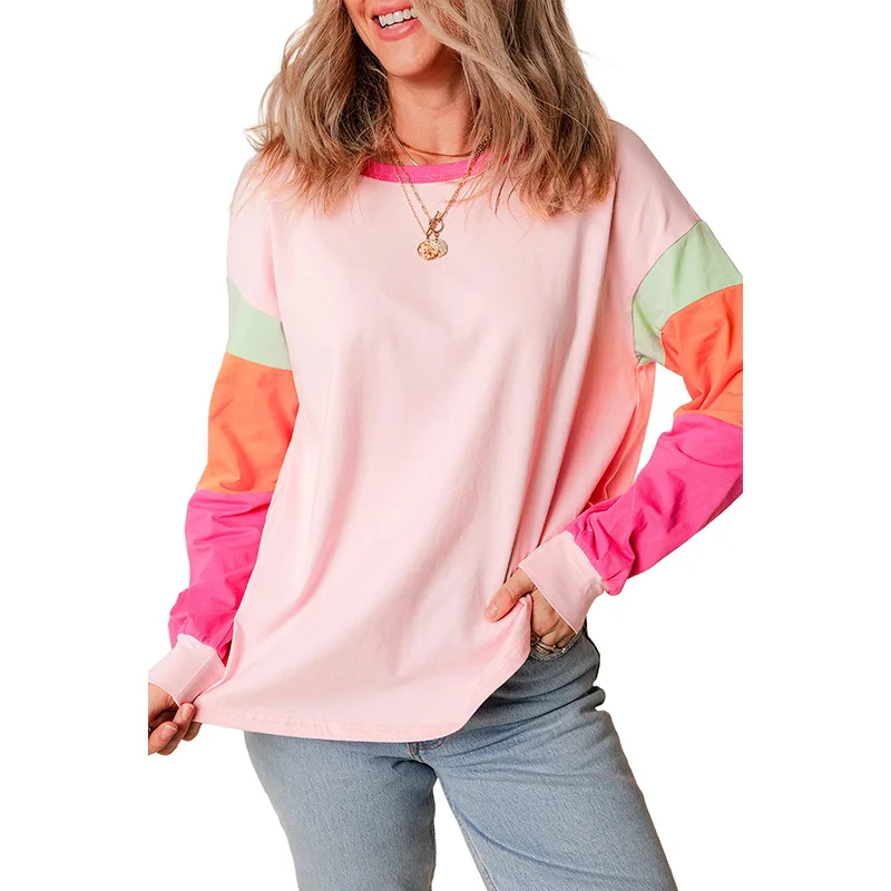 

New Summer 2024 Women's Crewneck Pullover Casual and Versatile Multi-color Loose Covering Flesh Long-Sleeved Sweatshirt