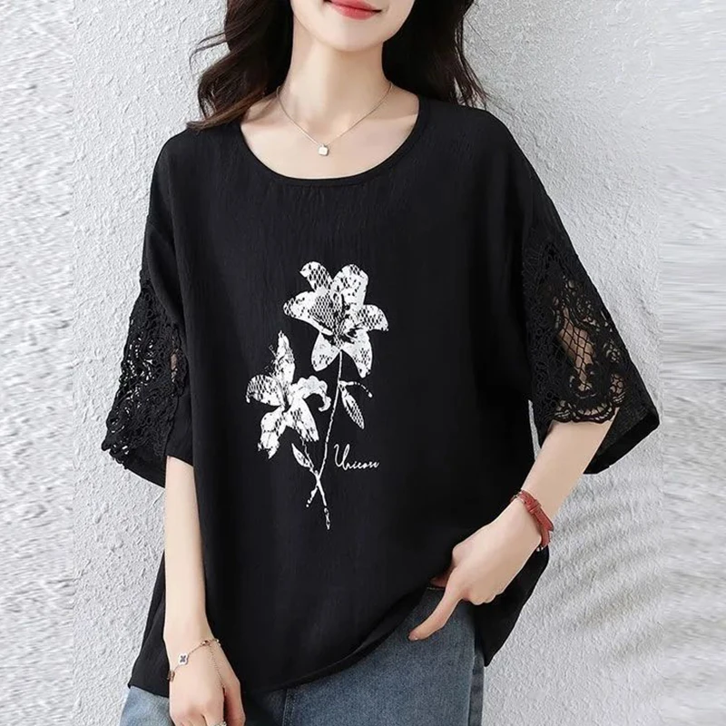 

Fashion O-Neck Printed Lace Hollow Out T-Shirt Women's Clothing 2025 Summer New Oversized Casual Pullovers Commute Tee Shirt