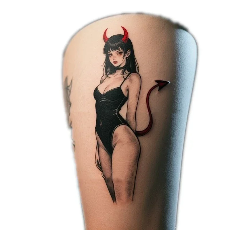 Sexy Devil Girl Temporary Tattoos Cartoon Waterproof Long-Lasting Arm Waist Leg Body Art Fake Tattoo Sticker for Woman Man
