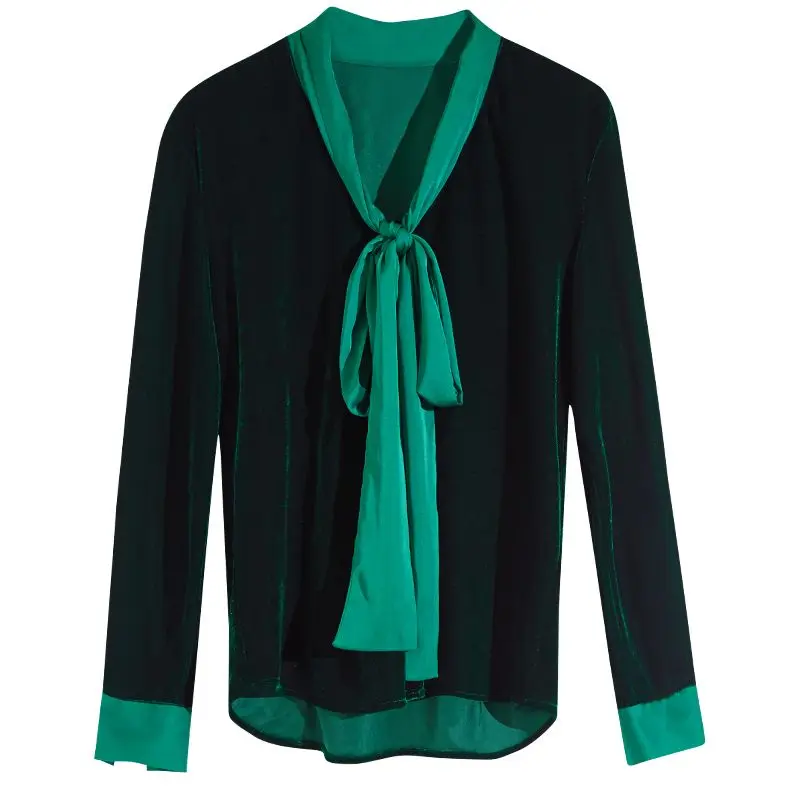 السيدات خمر الخامس الرقبة المخملية بلوزة القوس الدانتيل متابعة قسط قميص فريد الشريط تقسم طويلة الأكمام بلايز مكتب سيدة الملابس الخريف