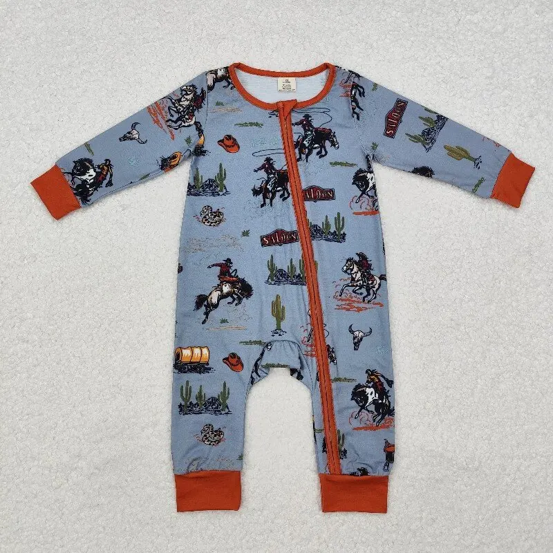 

8.20y Baby Boys Western Style Romper Bamboo Fabric Cactus Print Blue Brown Zipper Long Sleeve Onesie for Wholesale Boutique