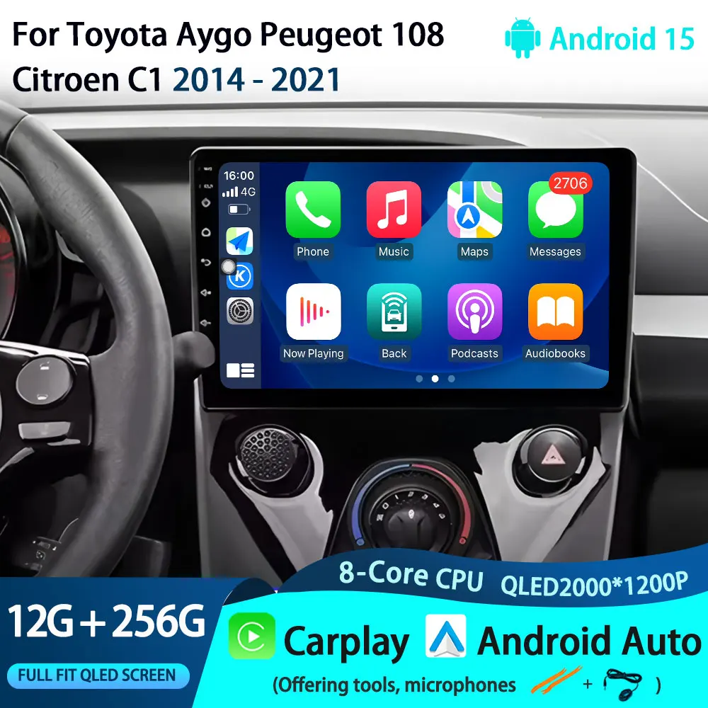 Android 15 4G WIFI Carplay 360 Camera Car Radio For Toyota Aygo Peugeot 108 Citroen C1 2014 - 2021 Auto Multimedia Player Stereo