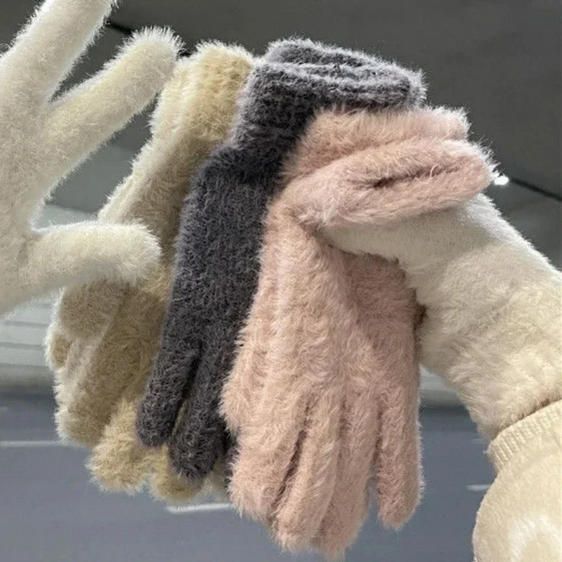 Kawaii Korallen samt finger lose warme pelzige Handschuhe Frauen Männer koreanischen Stil Winters chnee vielseitige Plüsch verdickte kälte feste