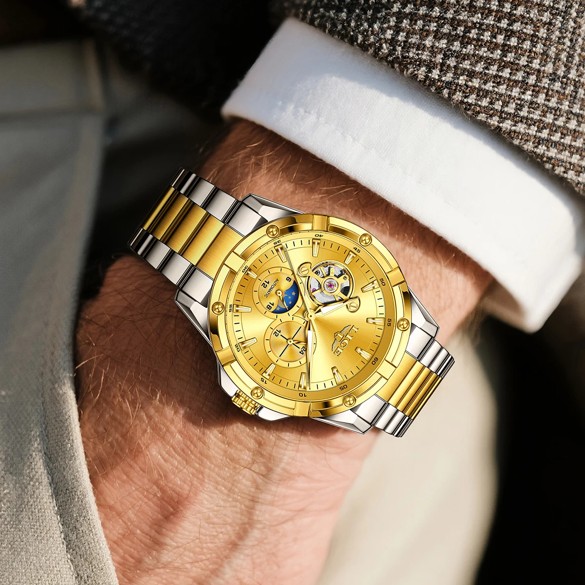 LIGE ساعات رجالية الأعمال مضيئة مقاوم للماء ساعة ميكانيكية موضة القمر المرحلة الفاخرة ساعة يد رجالي montres hommes