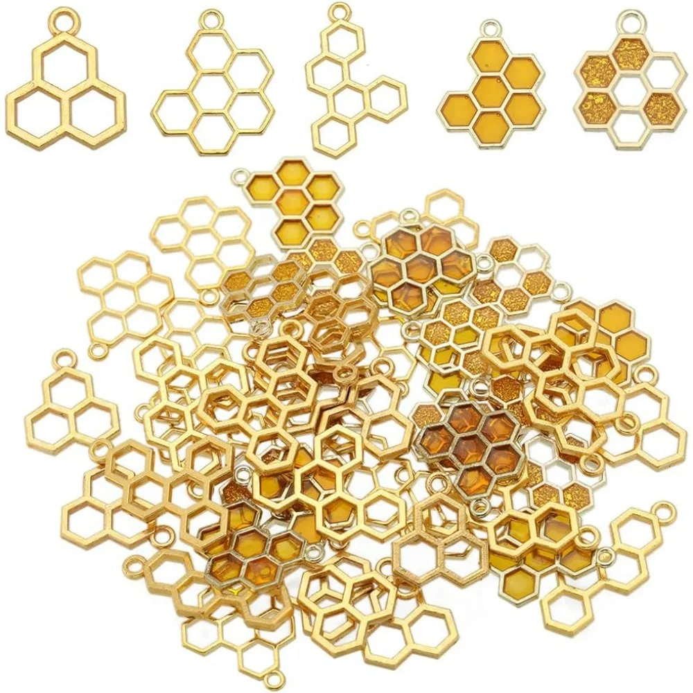 60Pcs 5 Styles Bee Honeycomb Charms Bulk Honeycomb Enamel Mini Honeycomb Hollow Sweet Honey Charms for Jewelry its