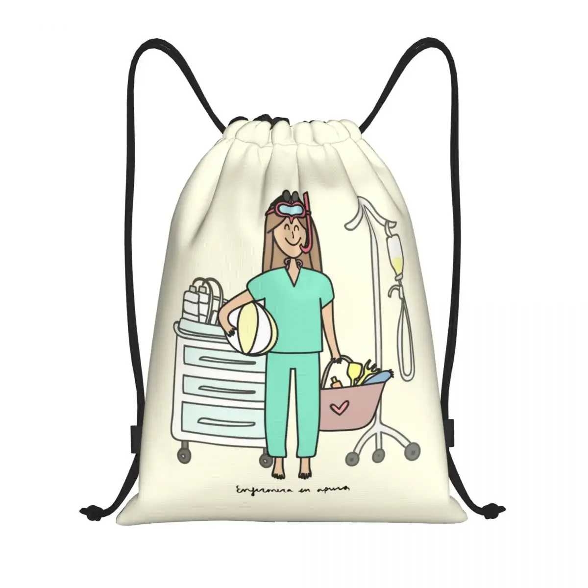 Enfermera En Apuros Cartoon Nurse Drawstring Backpack Gym Sports Sackpack Water Resistant String Bag for Working Out