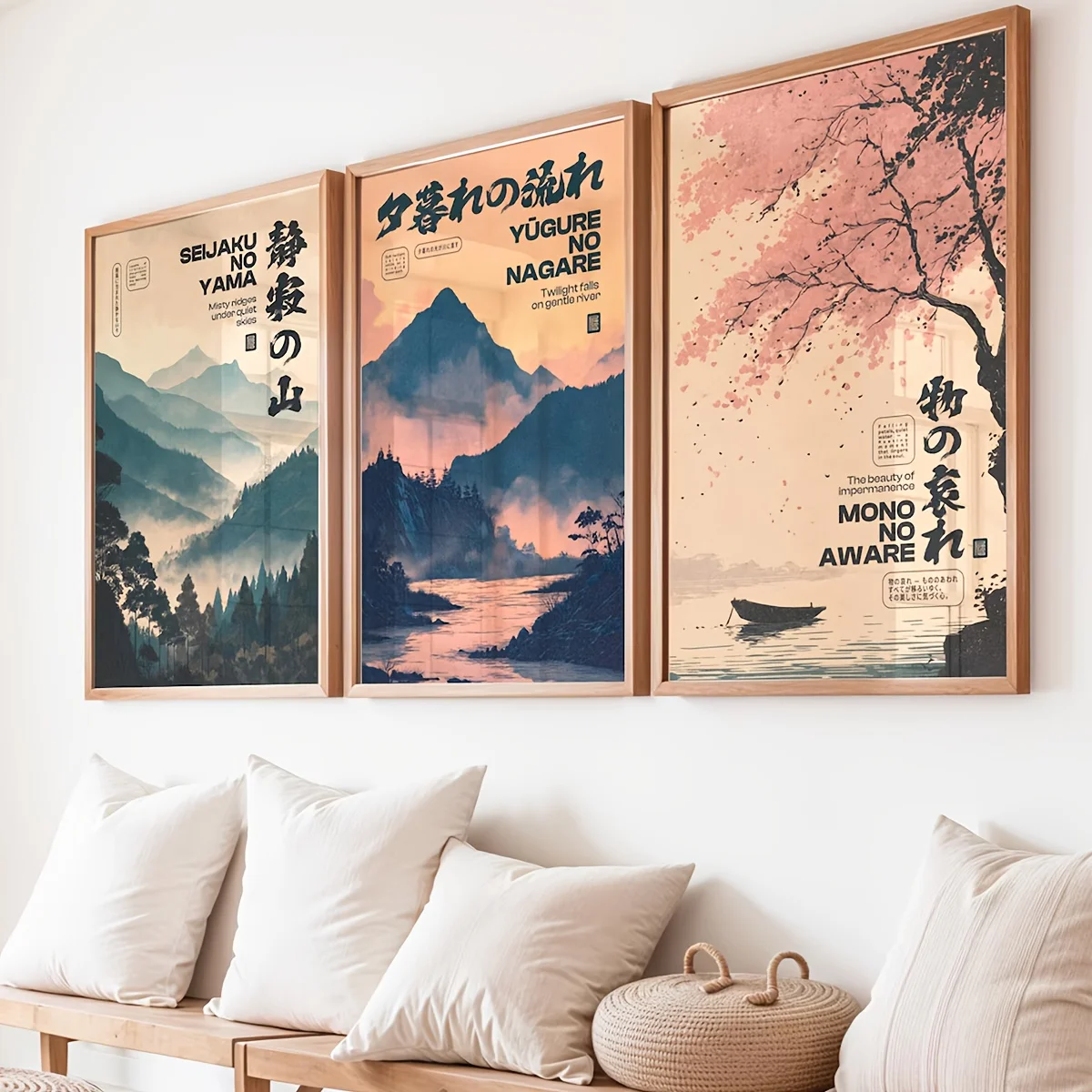 Lot de 1/3 tableaux imprimés sur toile, style rétro japonais, paysage de montagne silencieuse et fleurs de cerisier, affiche murale pour décoration intérieure moderne