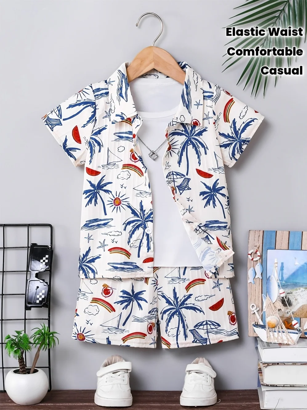 Jungen Sommer Kokosnussbaum-Muster Kurzarm-Hemd Set 2-teilig Hawaiianischer Strandurlaub-Stil Lässige Kinderkleidung für Jungen – Detail 3