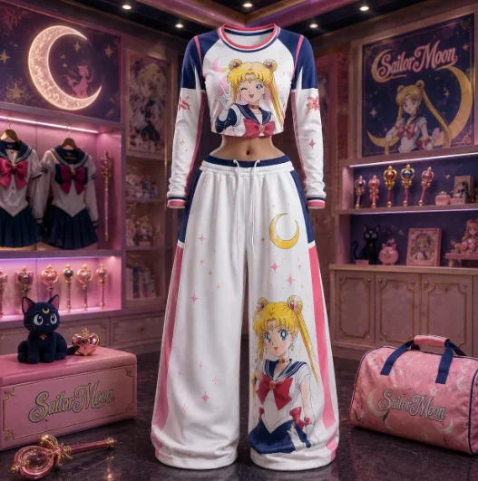 Sailor Moon Usagi 2026 Damen-Set mit bedrucktem Universal-Langarm-T-Shirt und weiter Hose, zweiteiliges Set, geeignet für Erwachsene und Kinder. – Detail 7