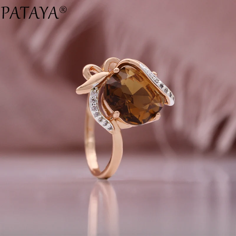 PATAYA Hot Fashion Light Brown Natural Zircon Ring Earring for Women Simple 585 Rose Gold Color High Quality Daily Jewelry Sets