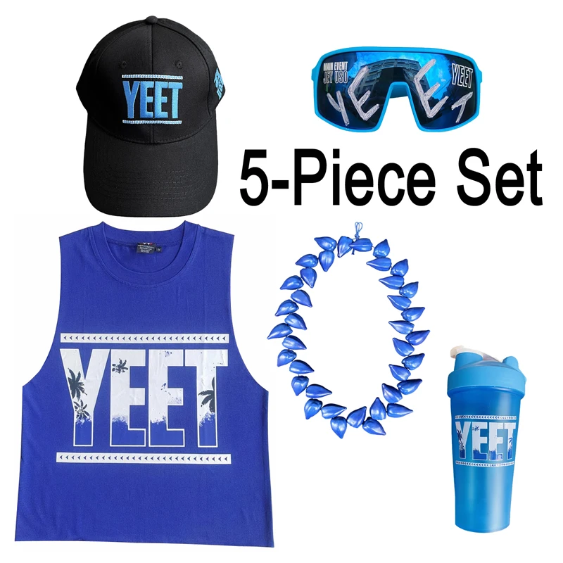 

Jey Uso YEET 5 Piece Set Ula fala Blue Shirt Official Merch Ulafala Necklace Sunglasses Cap Water Bottle