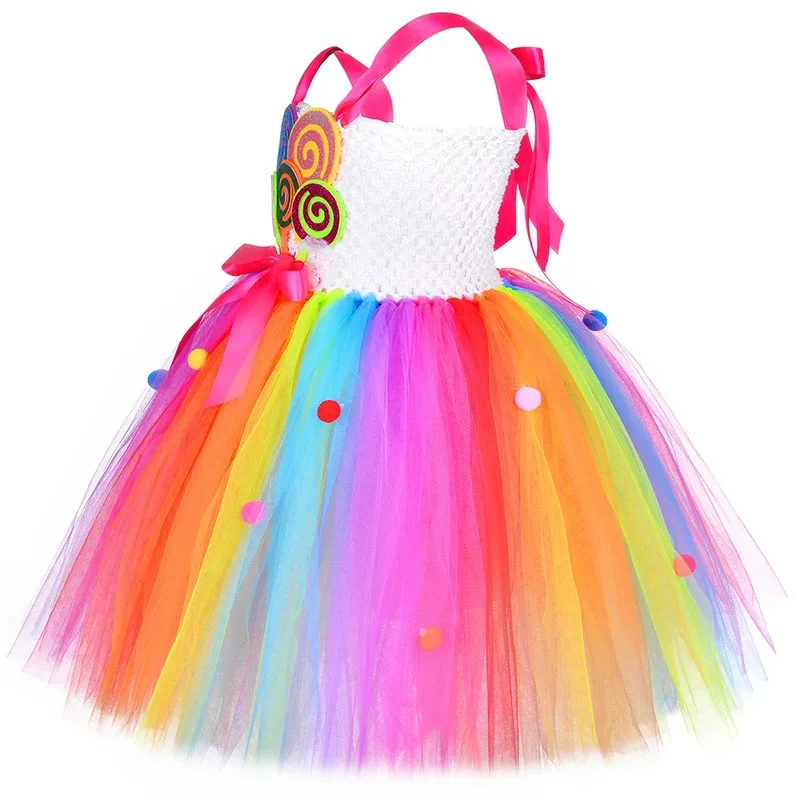 Meninas pirulito doce tutu vestido arco-íris menina festa de aniversário tule vestido carnaval traje de halloween para crianças vestido de princesa