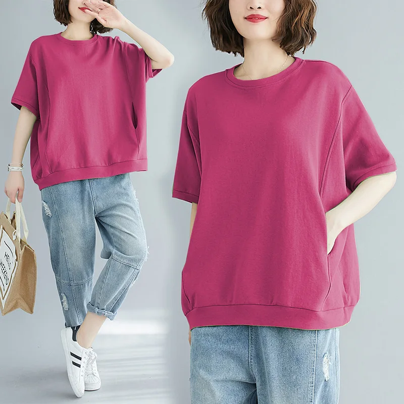 Plus Size Summer T Shirts for Women 200 lbs Loose Fit Solid Color Crew Neck Short Sleeve Tops Modest Hide Belly Slimming Casual