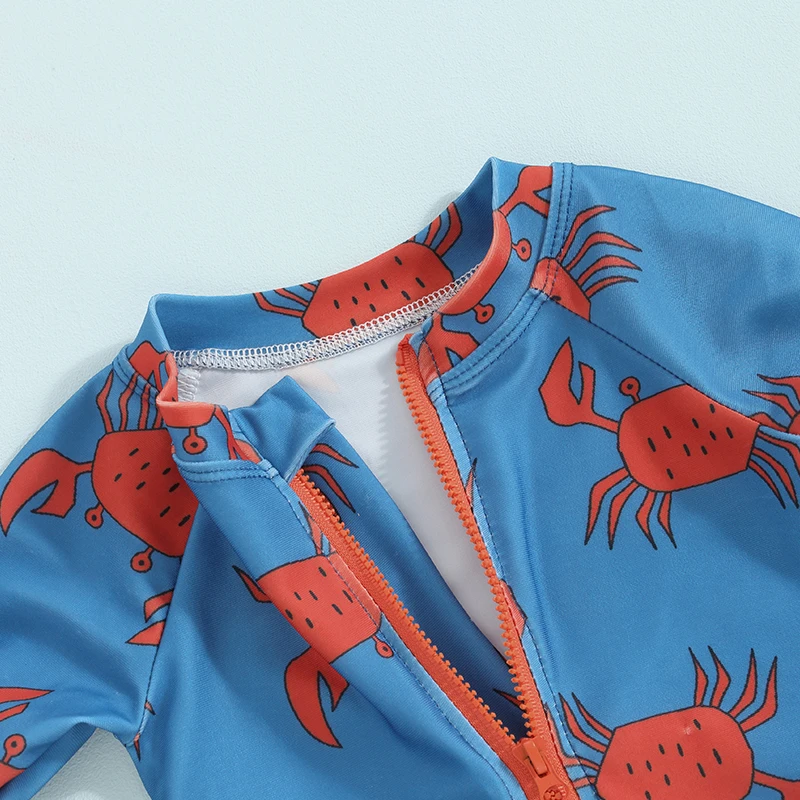 Baby Toddler Boy  Swimsuit Fish Crab Print Long Sleeve Zipper Sunsuit Bathing Suit UPF 50 Sun Protection Rash Guard